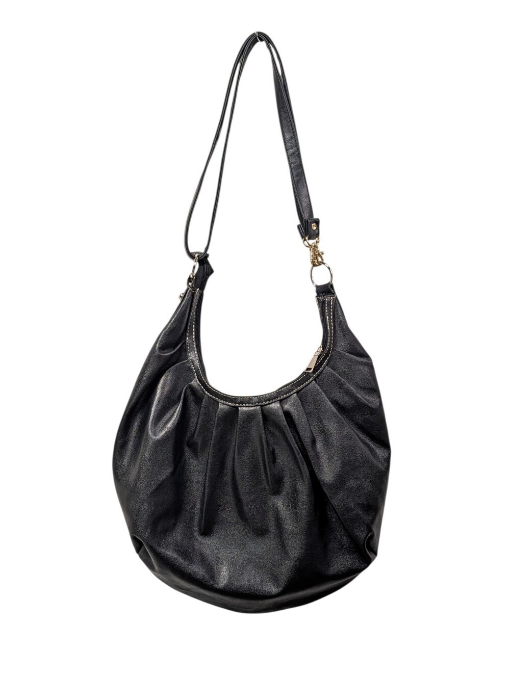 Women’s Black Large Crescent Shoulder Bag Pleated Zip Detachable Strap Gold